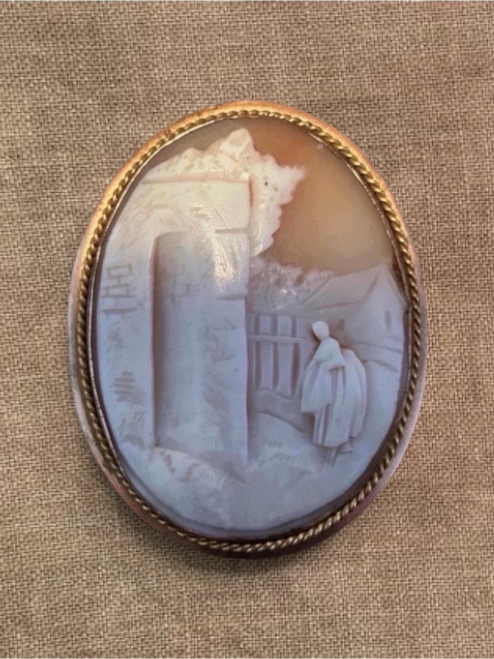 Antique Shell Cameo Brooch: Rebecca at the Well Figural Carving Gold Filled
